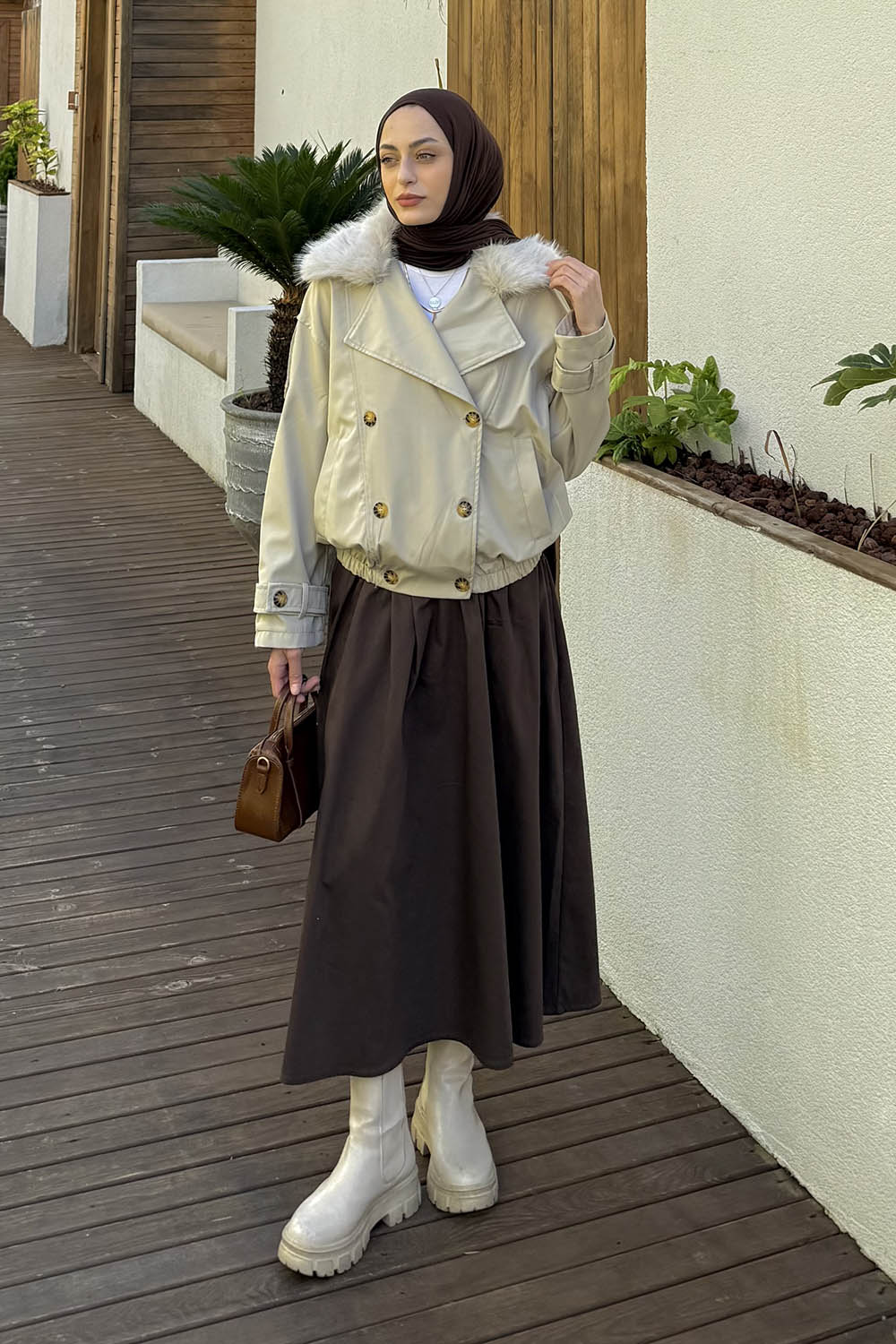 Lamelif Kürk Yaka Kısa Trenç Taş Rengi