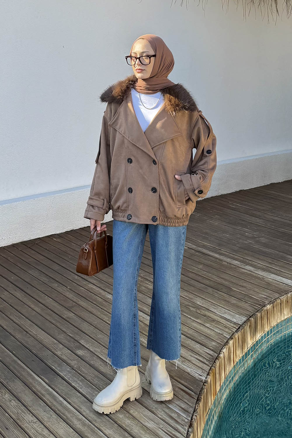 Lamelif Kürk Yakalı Süet Mont Camel