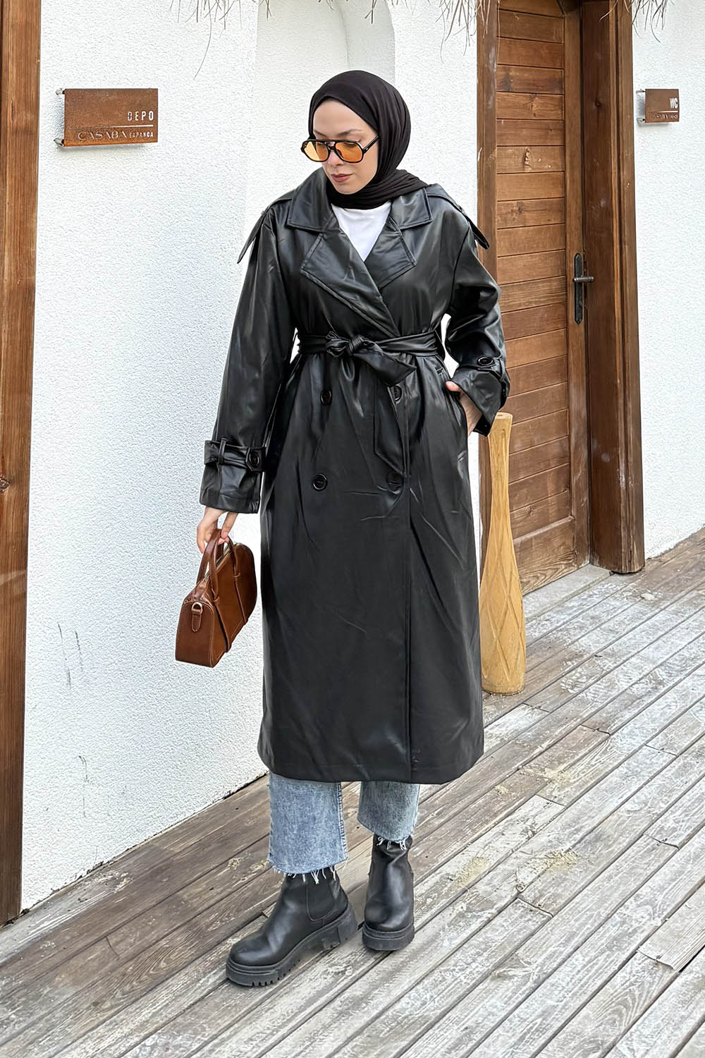 Lamelif Omuz Apoletli Deri Trençkot Siyah