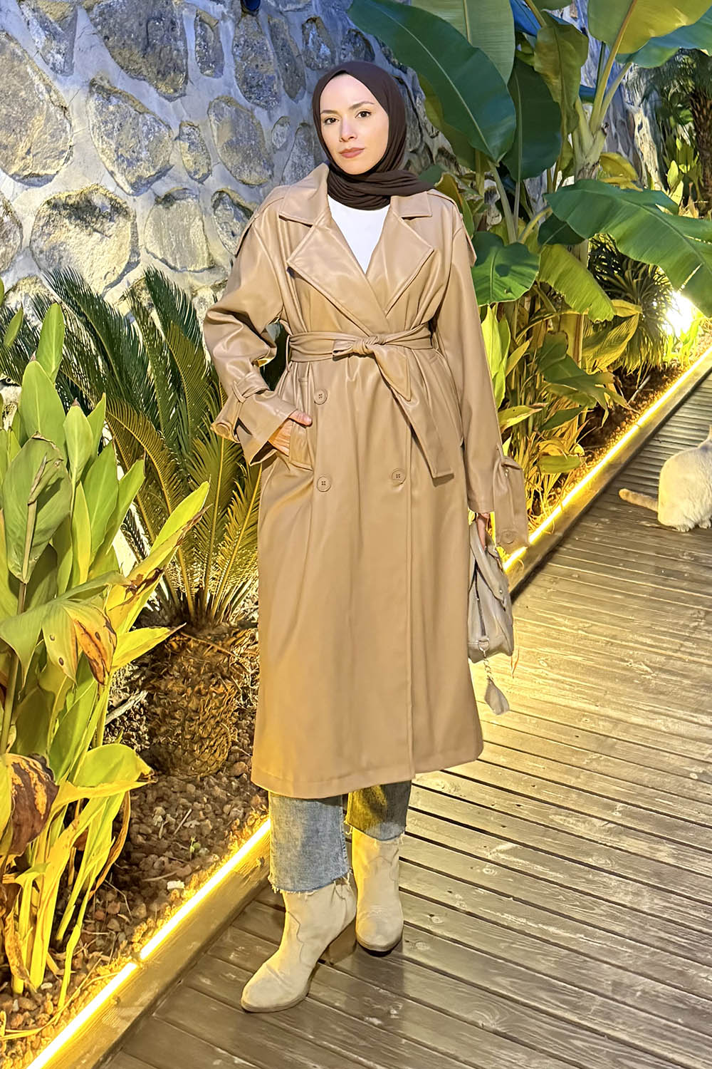 Lamelif Omuz Apoletli Deri Trençkot Sütlü Kahve