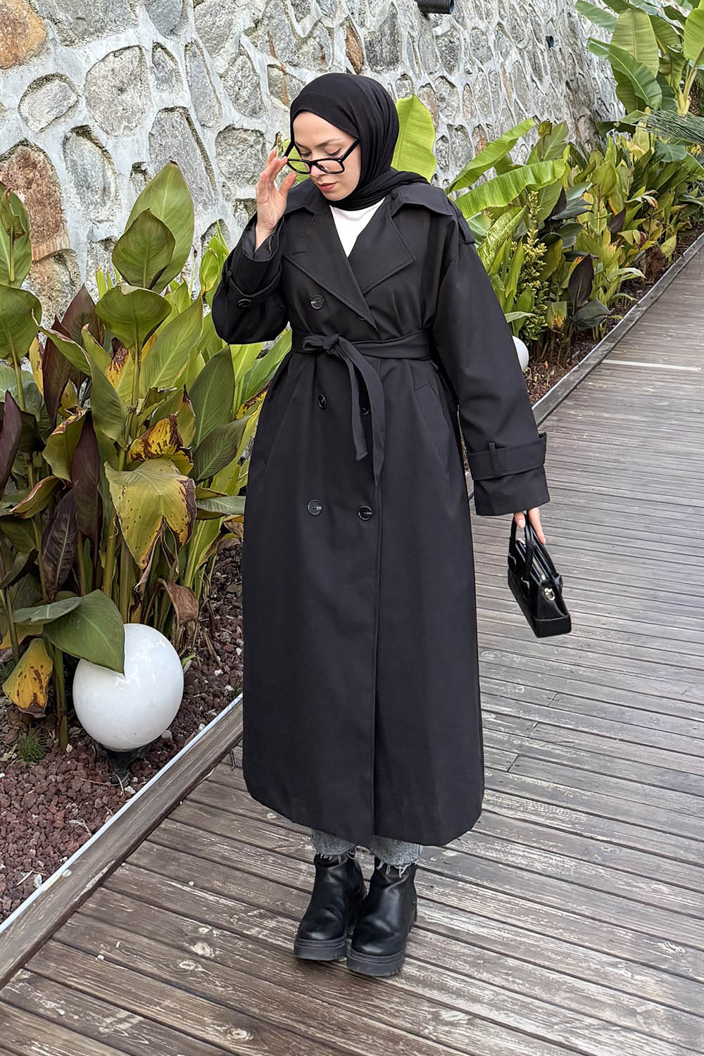 Lamelif Omuz Apoletli Premium Trençkot Siyah