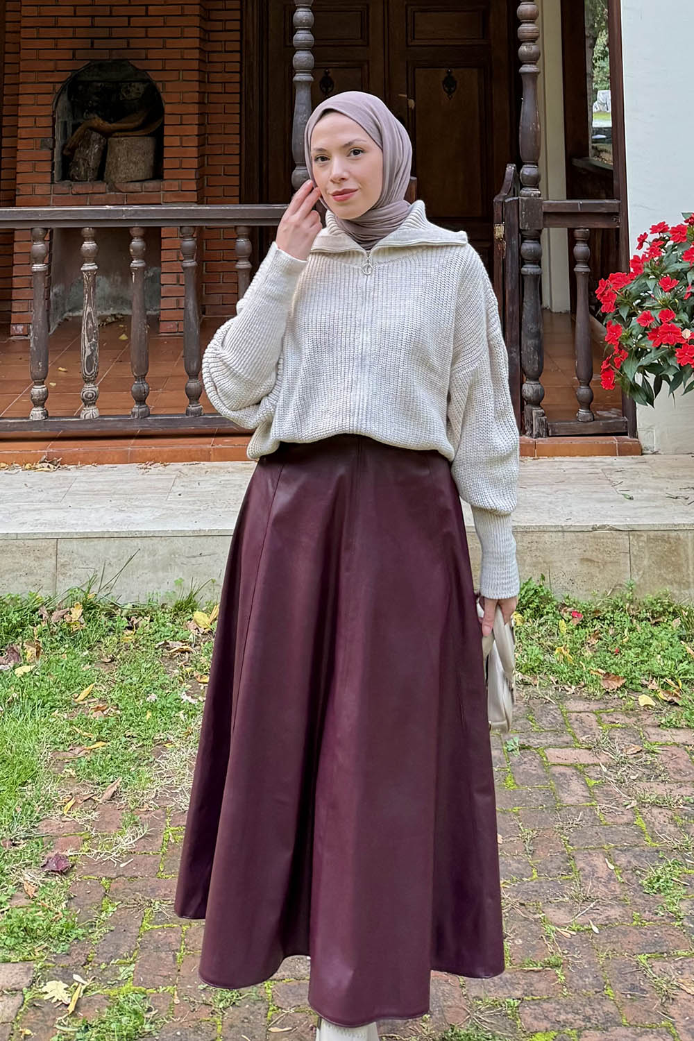 Lamelif Fermuarlı Triko Hırka Taş Rengi