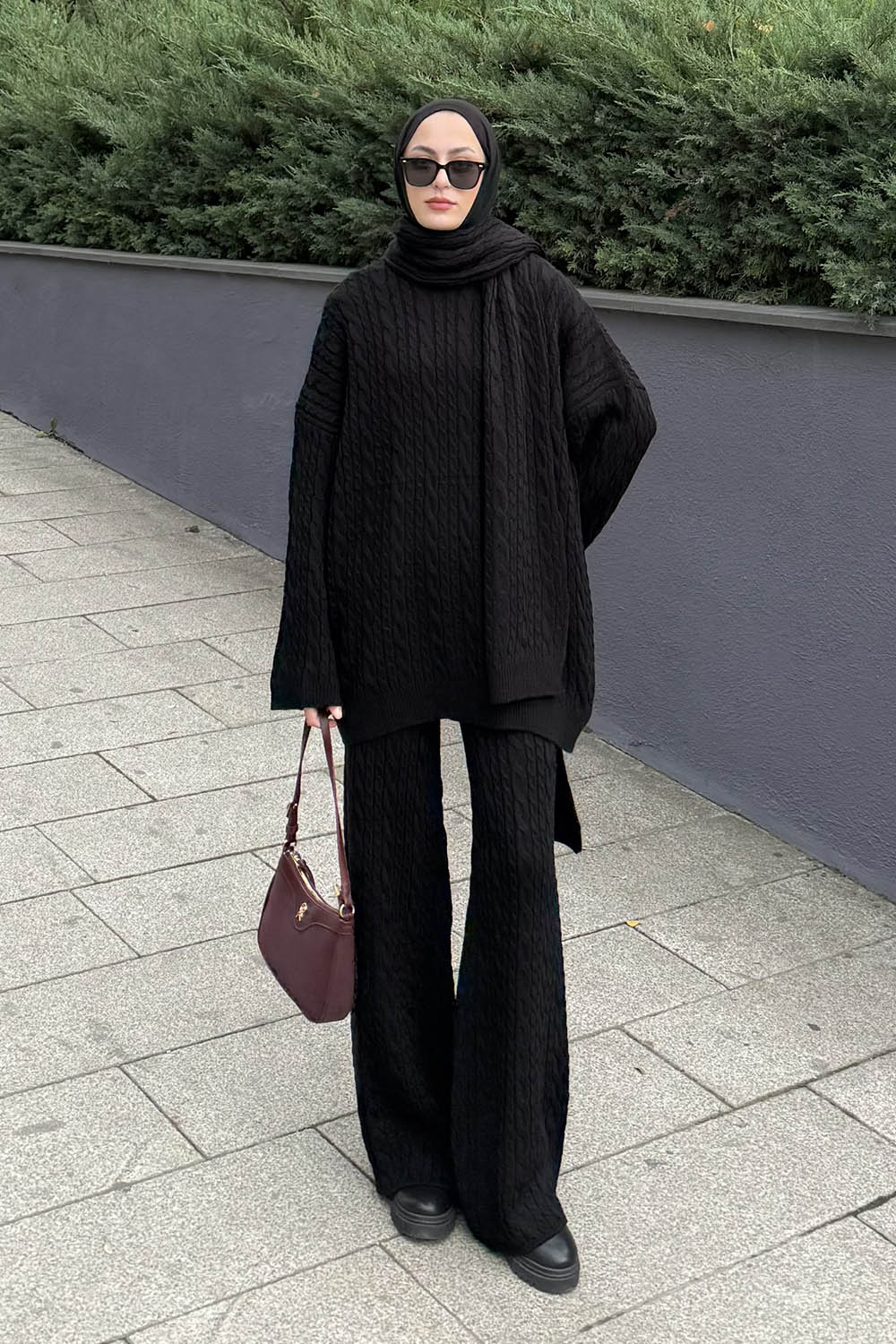 Lamelif Atkılı Örgü Desen İkili Takım Siyah