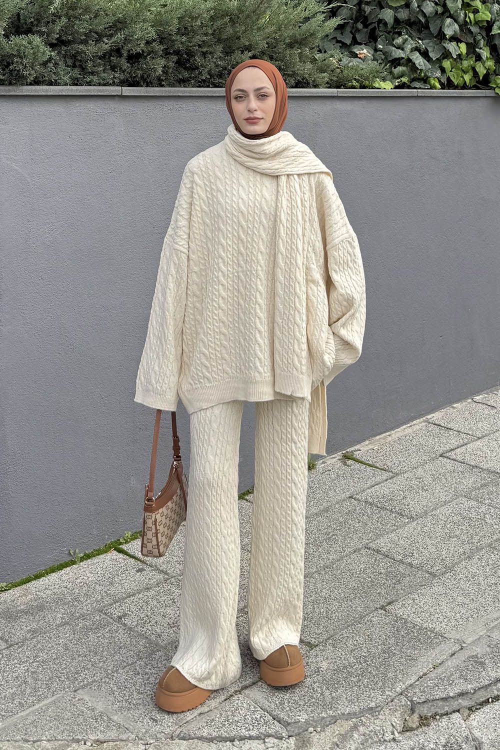 Lamelif Atkılı Örgü Desen İkili Takım Taş Rengi