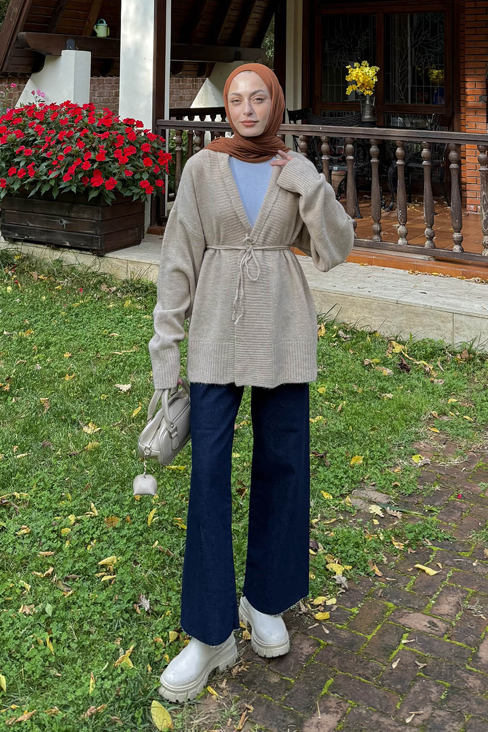 Lamelif Bağlama Detaylı Triko Hırka Taş Rengi