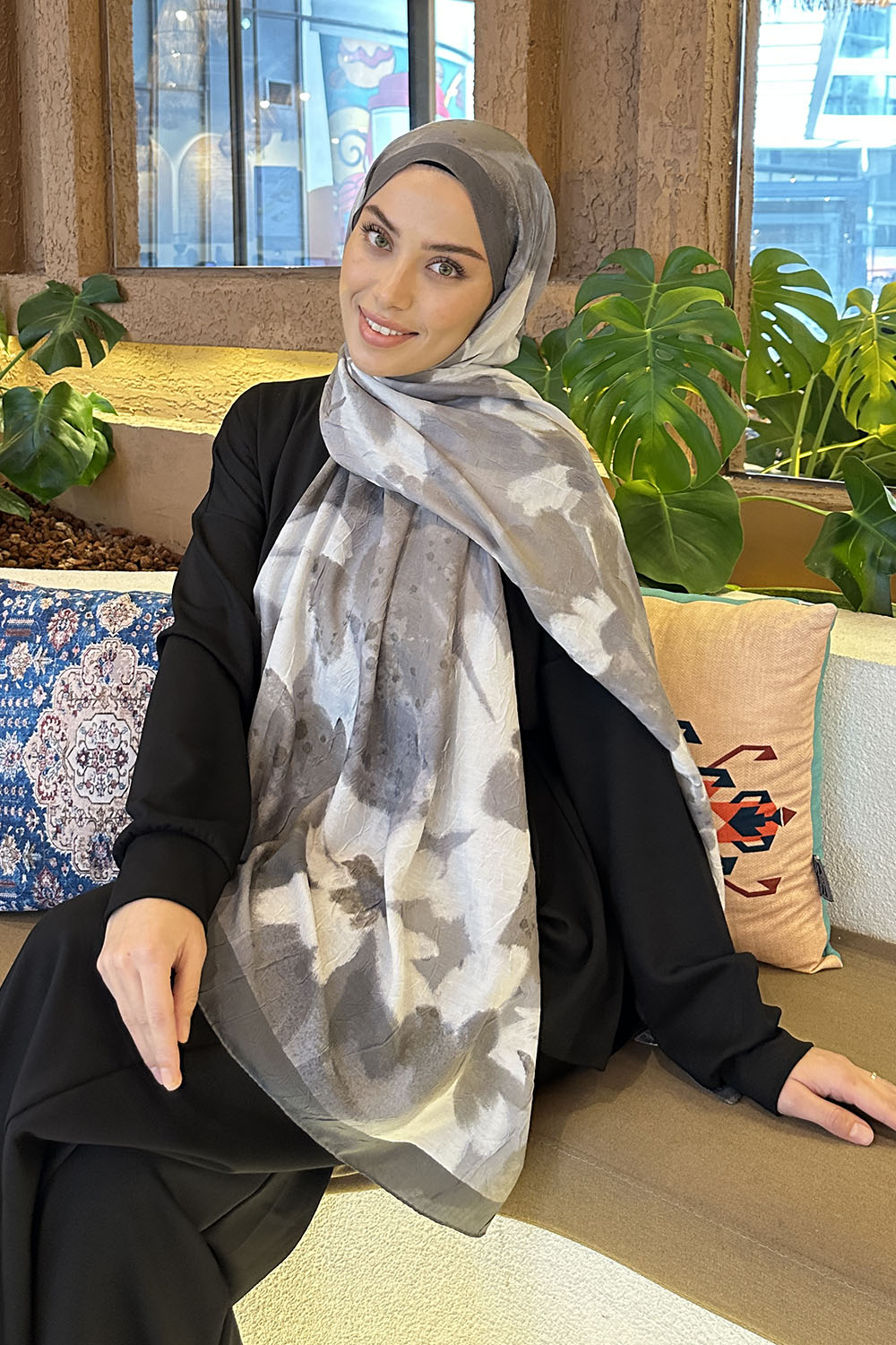 Lamelif Flora Garden Desen Bambu Şal Antrasit Ekru