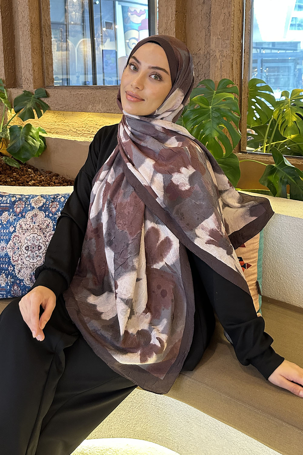 Lamelif Flora Garden Desen Bambu Şal Çikolata Kahve