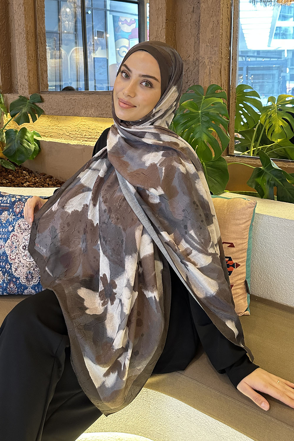 Lamelif Flora Garden Desen Bambu Şal Koyu Yeşil