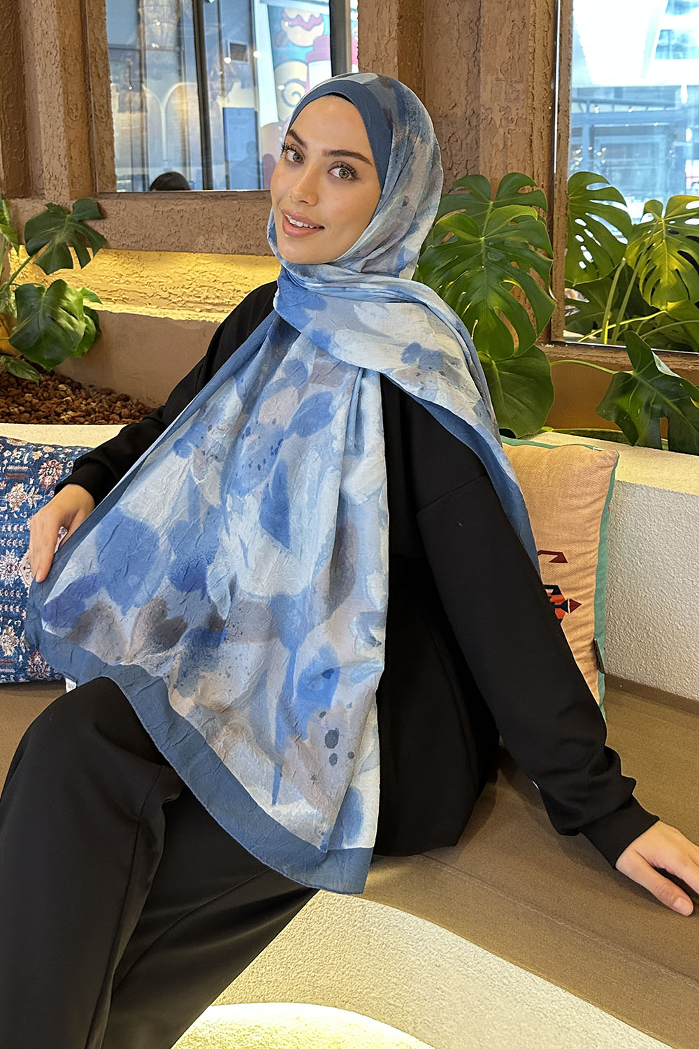 Lamelif Flora Garden Desen Bambu Şal Mavi