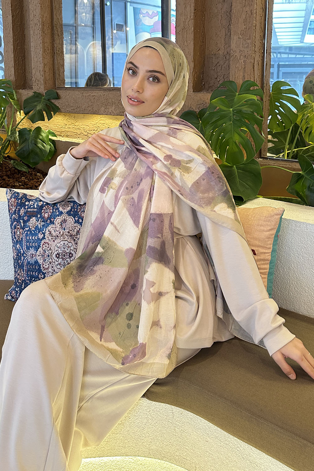 Lamelif Flora Garden Desen Bambu Şal Mint Yeşili