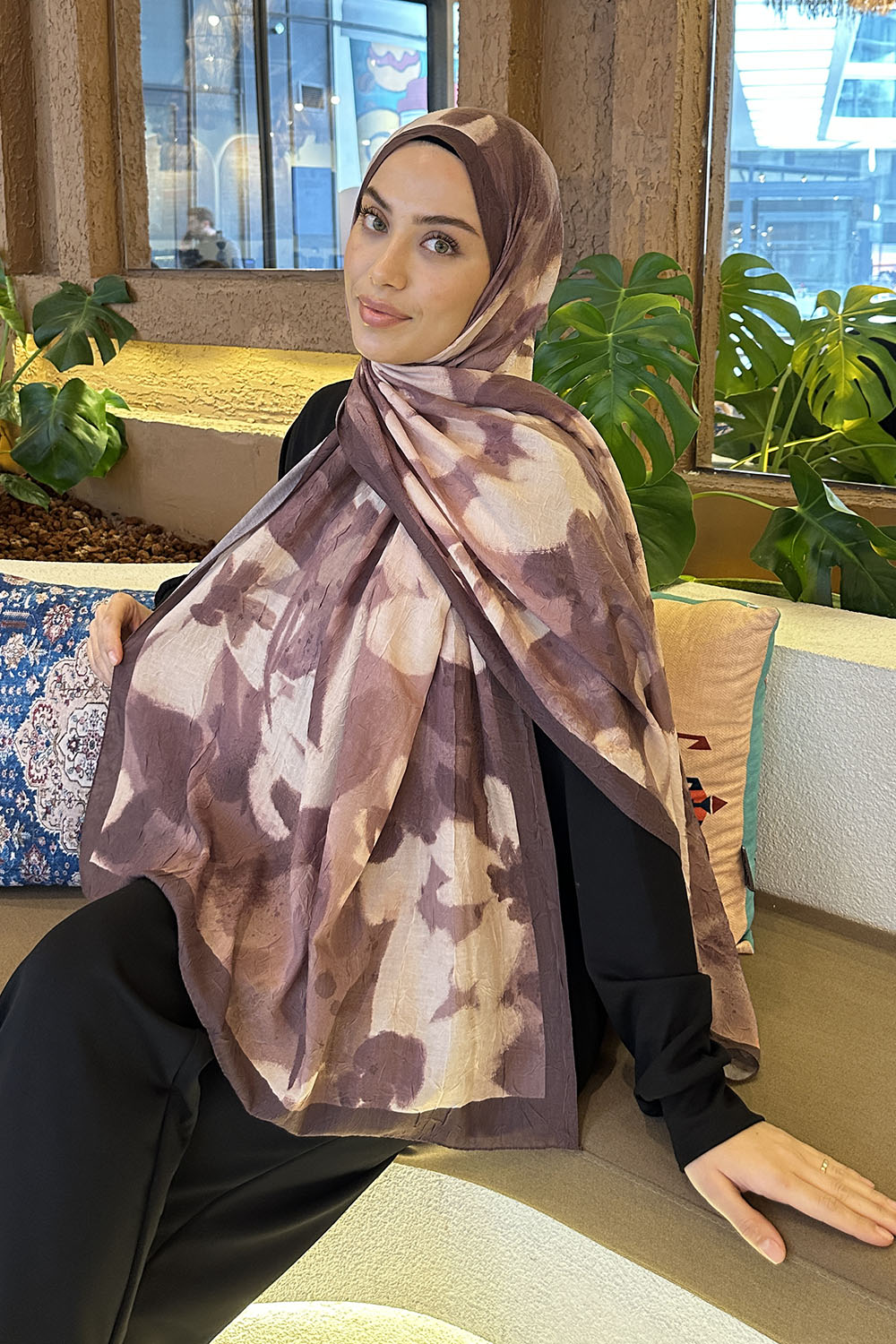 Lamelif Flora Garden Desen Bambu Şal Soft Kahve