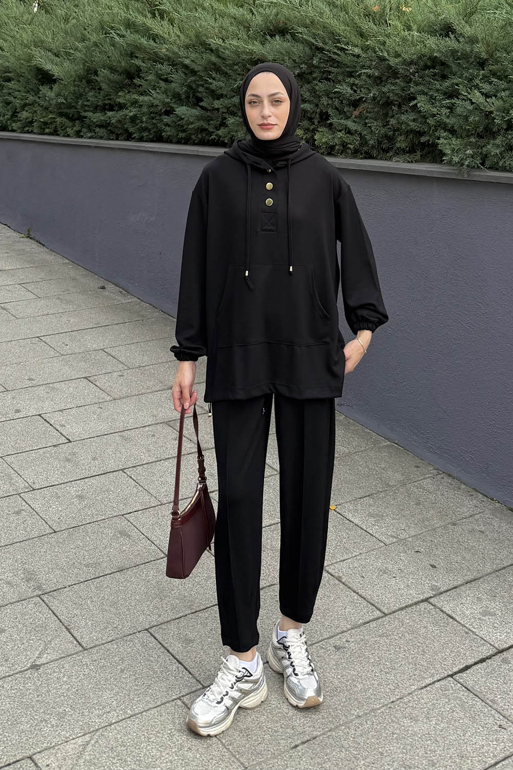 Lamelif Kapüşonlu İkili Takım Siyah