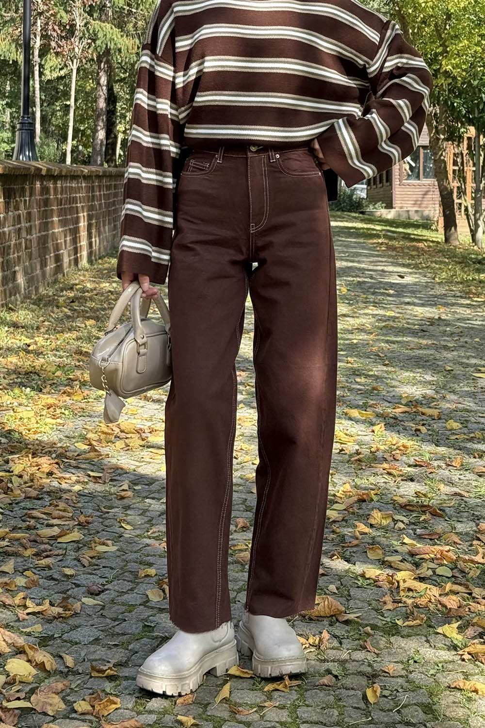 Lamelif Kesik Paça Boyfriend Jean Acı Kahve