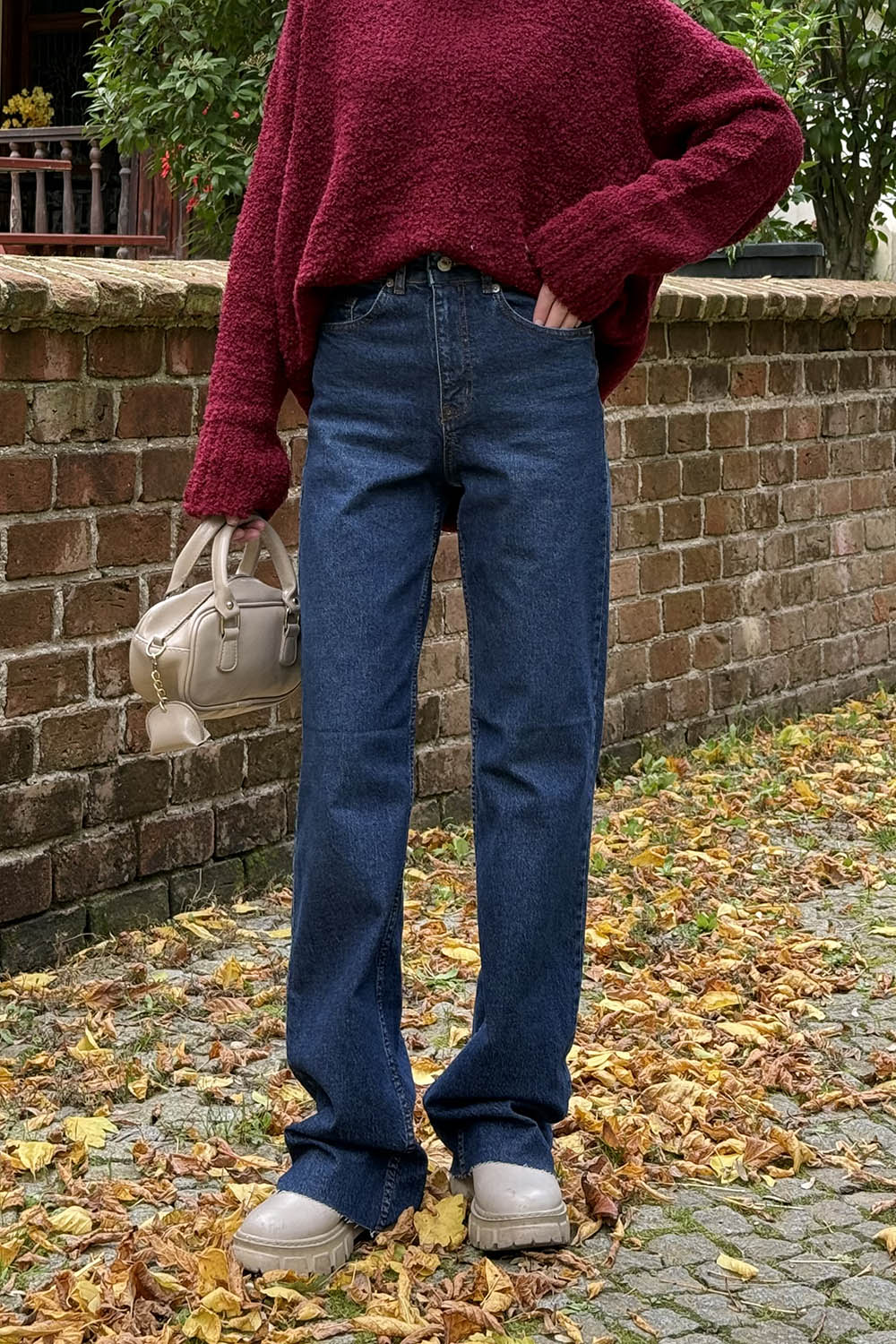 Lamelif Kesik Paça Fit Jean Koyu Mavi Eskitme