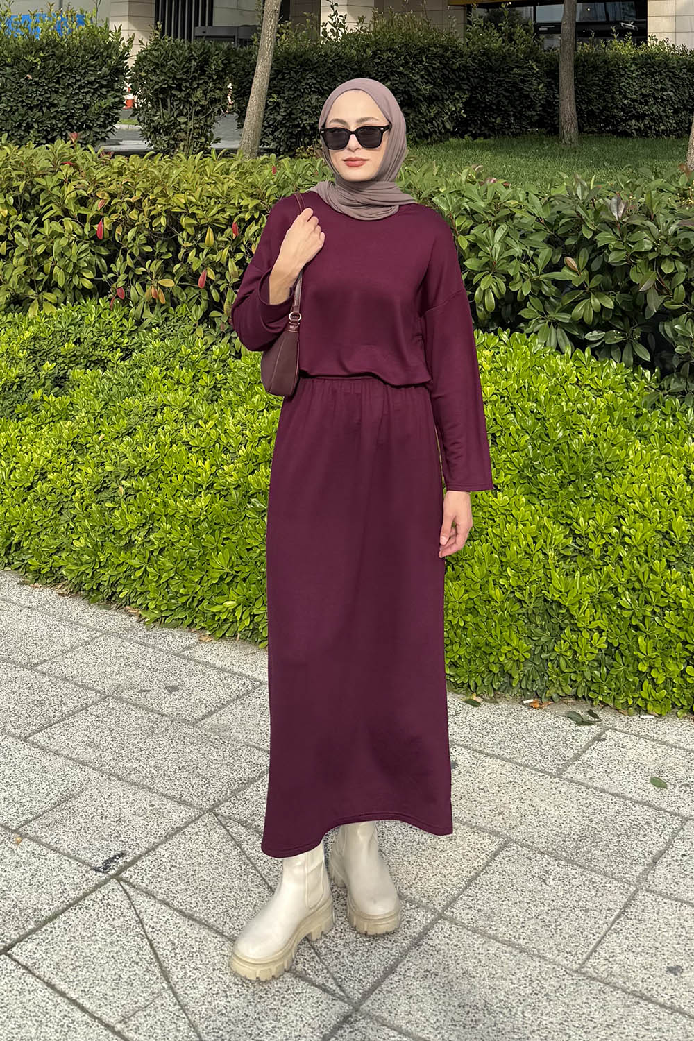 Lamelif Kristal Etekli Tesettür Takım Mürdüm