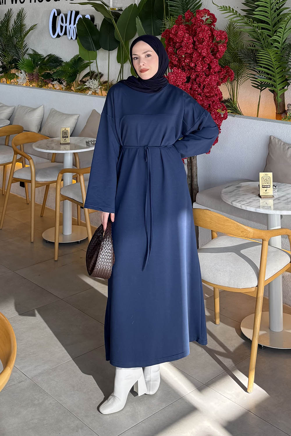 Lamelif Bağlama Detaylı Robalı Elbise Lacivert