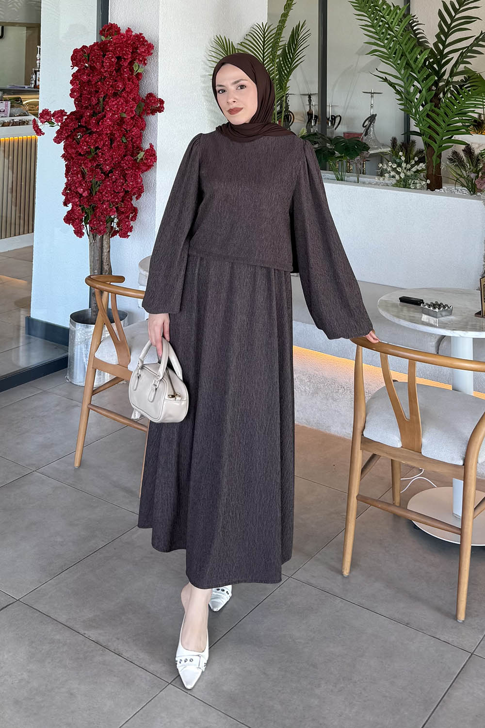 Lamelif Balon Kol Krinkıl Etek Tesettür Takım Acı Kahve