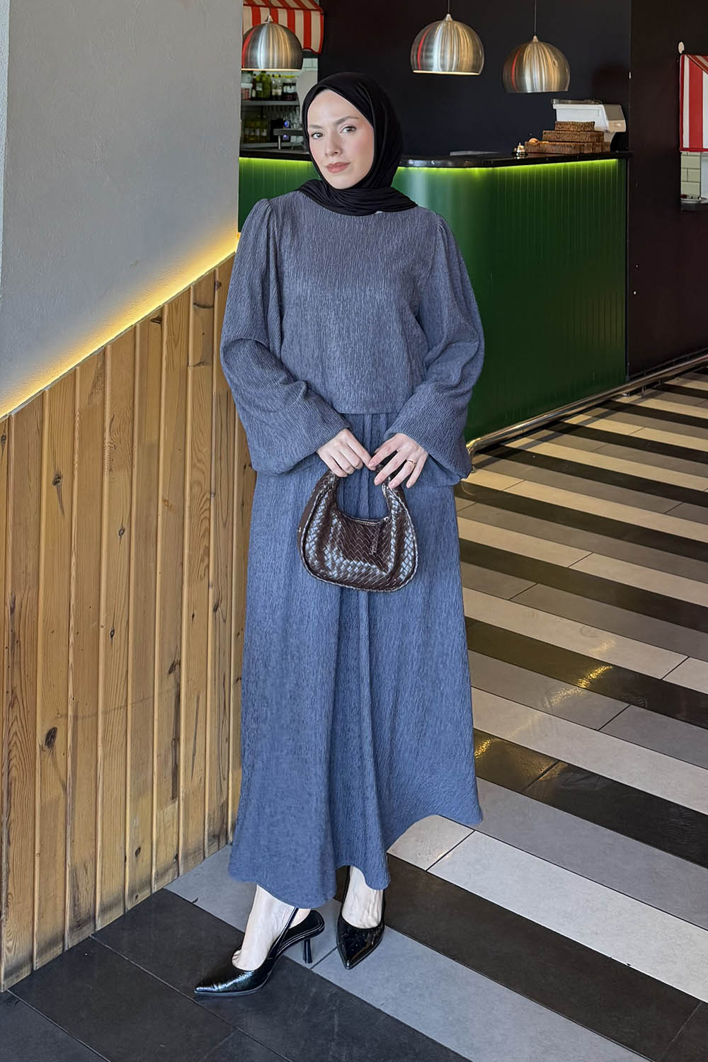 Lamelif Balon Kol Krinkıl Etek Tesettür Takım Antrasit