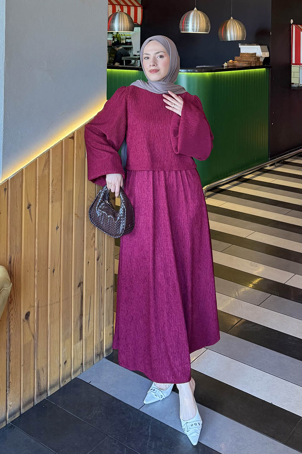 Lamelif Balon Kol Krinkıl Etek Tesettür Takım Bordo