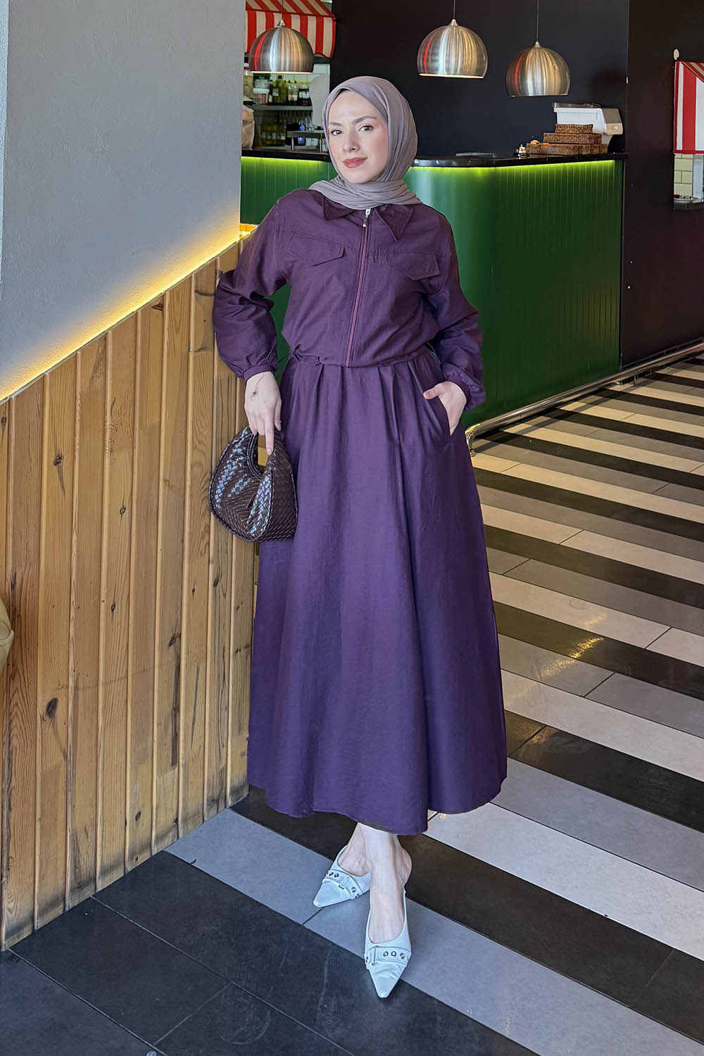 Plum Shirt Collar Long Arm Cotton Flare Suit