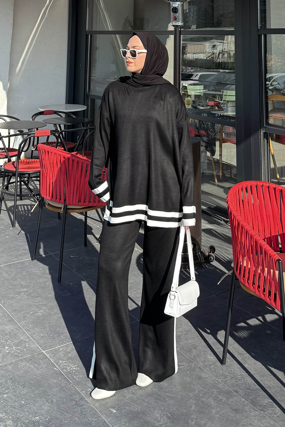 Lamelif Çizgili Pantolon Triko Tesettür Takım Siyah