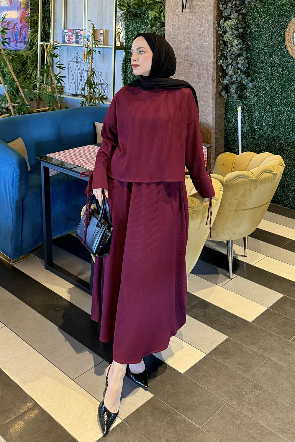 Lamelif Takma Manşet Biye Detaylı İkili Takım Bordo