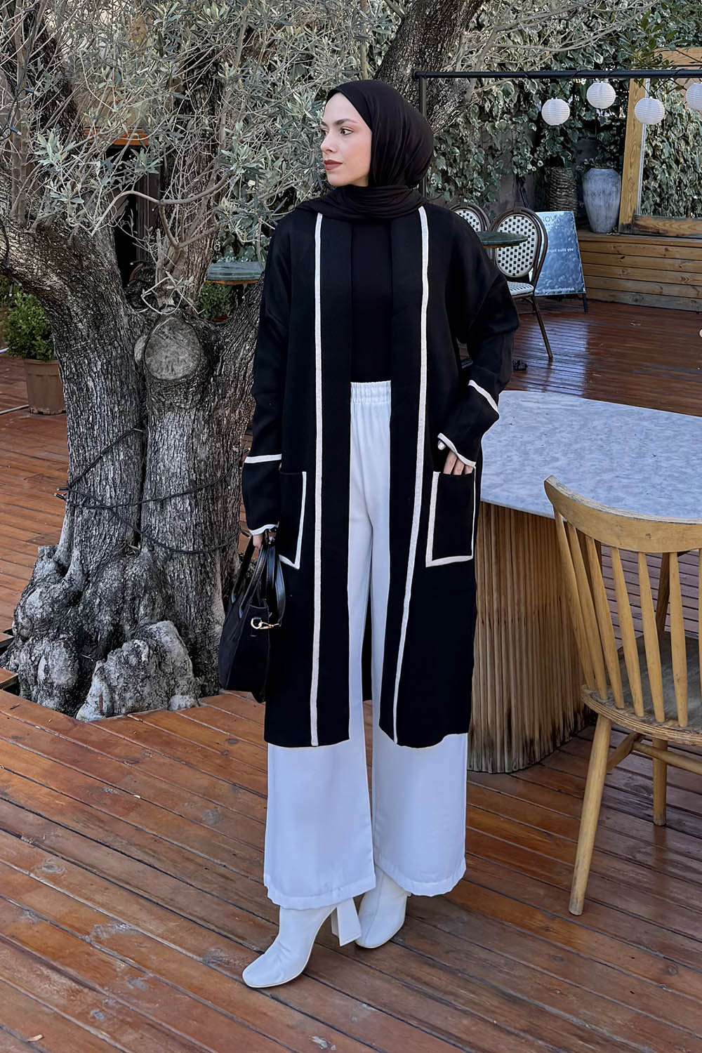 Lamelif Cep Detaylı Tesettür Hırka Siyah