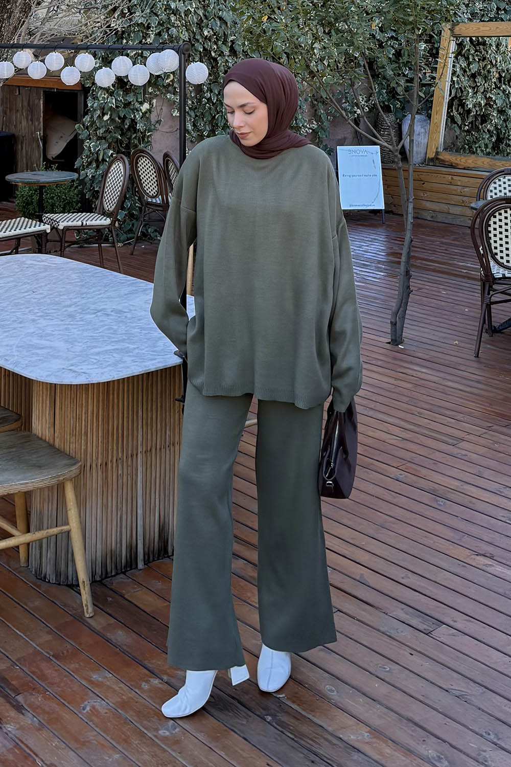 Lamelif Düz İkili Triko Tesettür Takım Koyu Haki