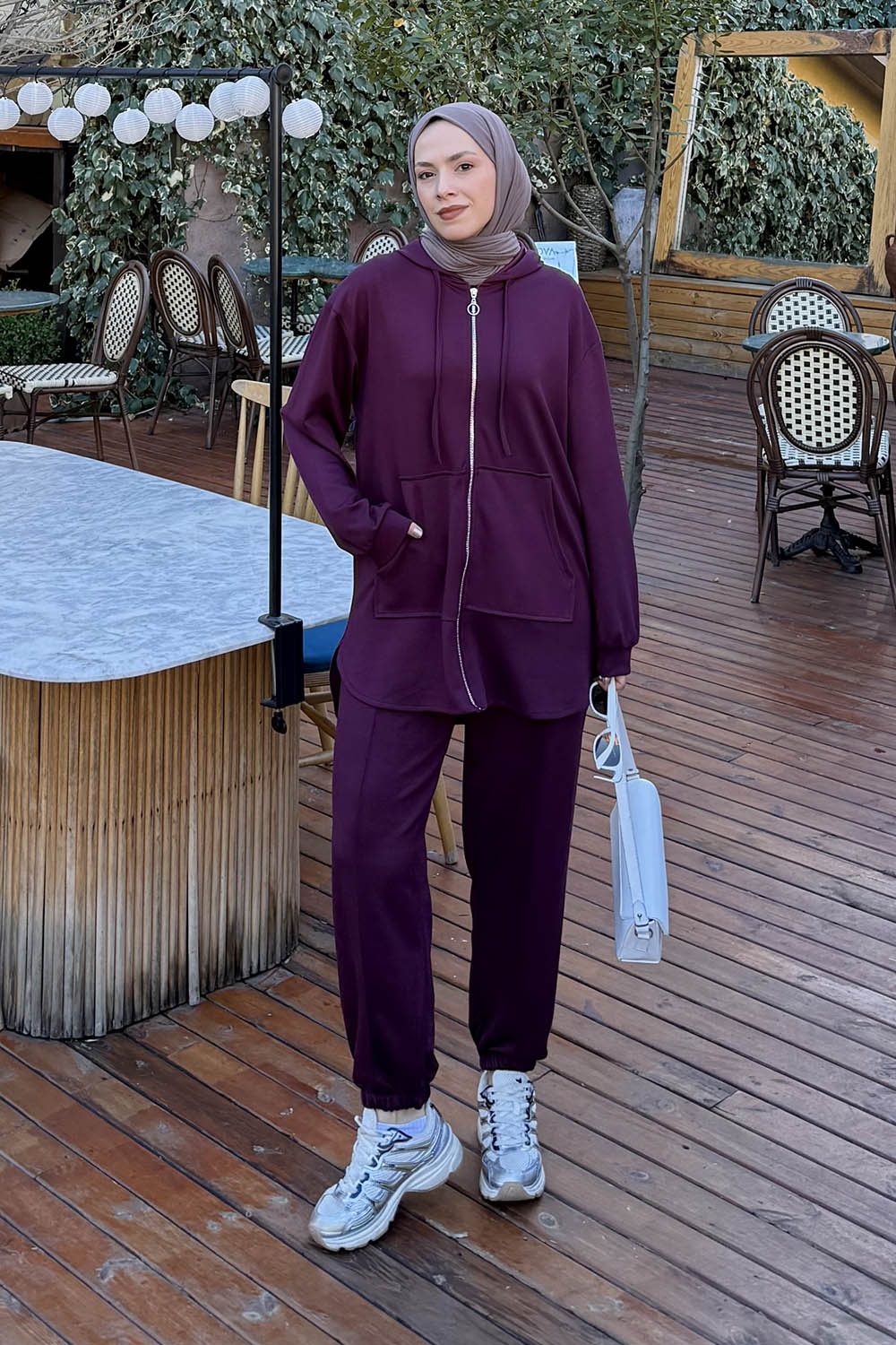 Lamelif Kapüşonlu Kanguru Cep İkili Takım Bordo