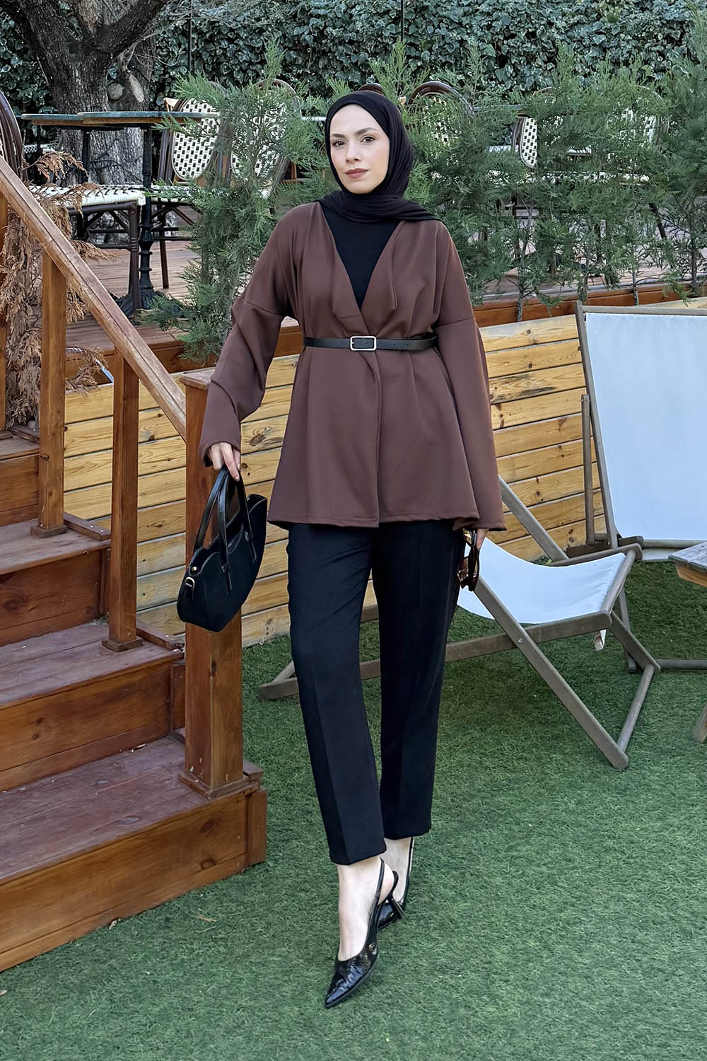 Lamelif Puf Scuba Kimono Acı Kahve