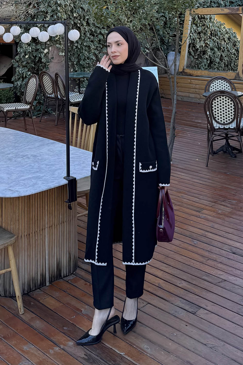 Black V Neck Long Arm Acrylic Cardigan