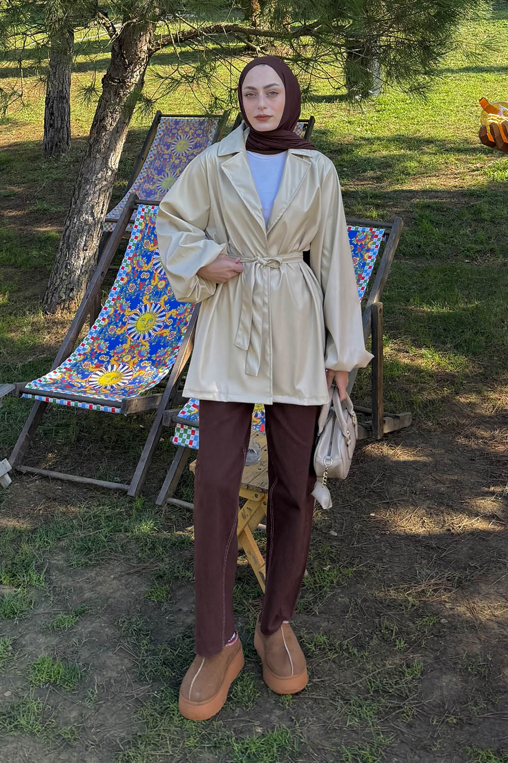 Lamelif Bağlama Detaylı Deri Mont Krem