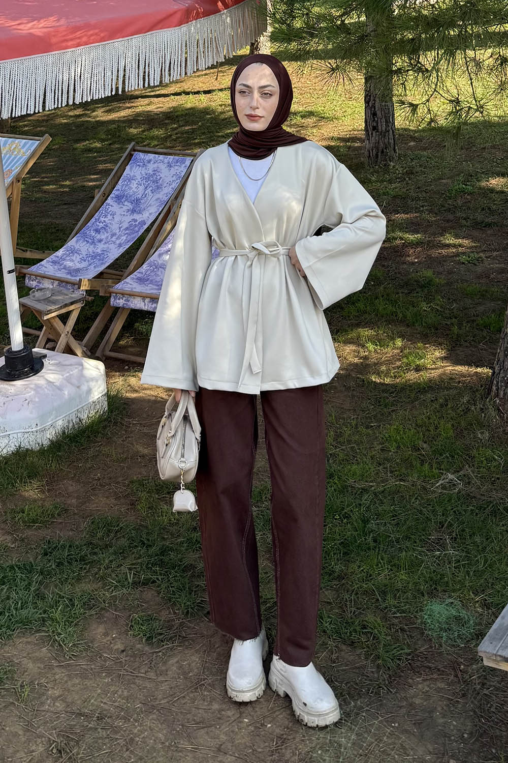 Lamelif Bağlama Detaylı Kimono Bej