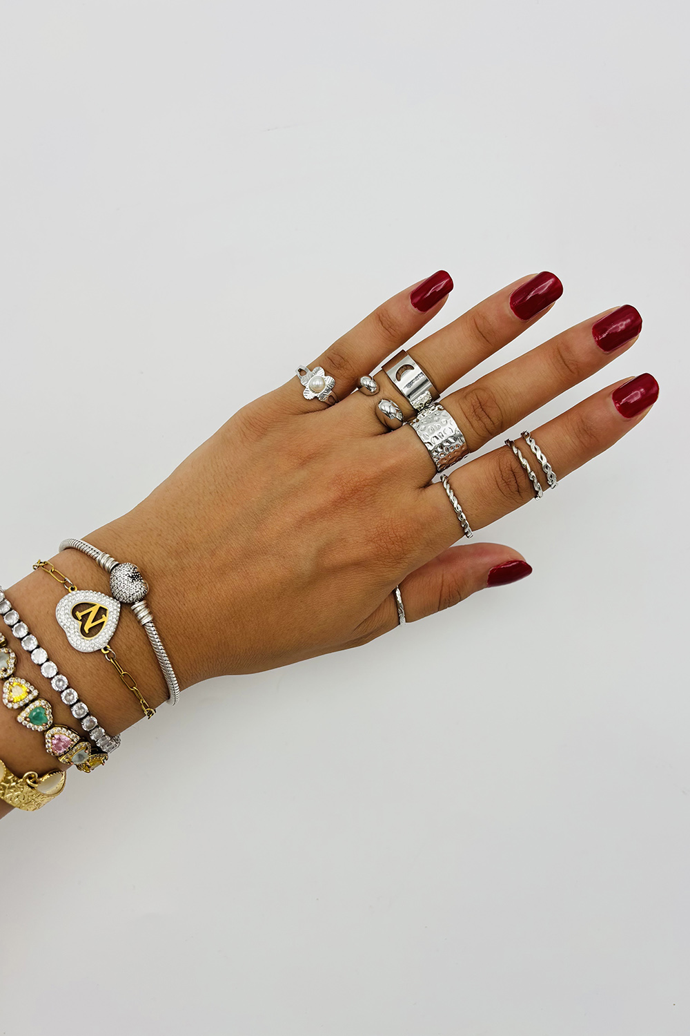 Lamelif Gümüş 8li Kombin Çiçek Yüzük Seti