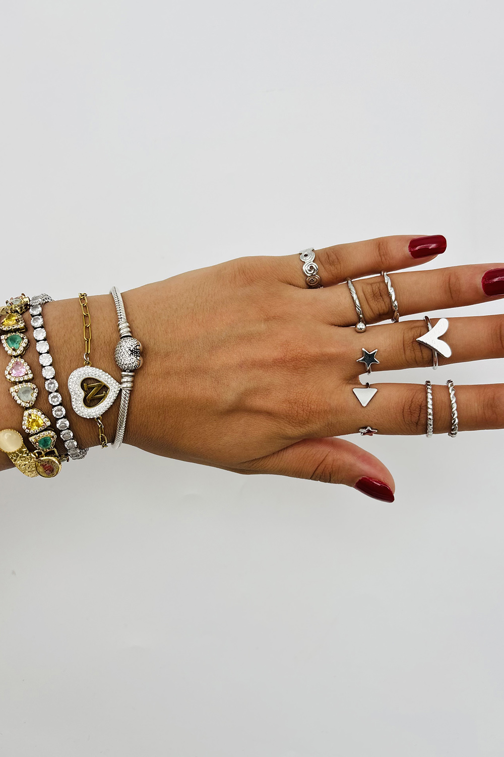 Lamelif Gümüş 8li Kombin Kalp Yüzük Seti