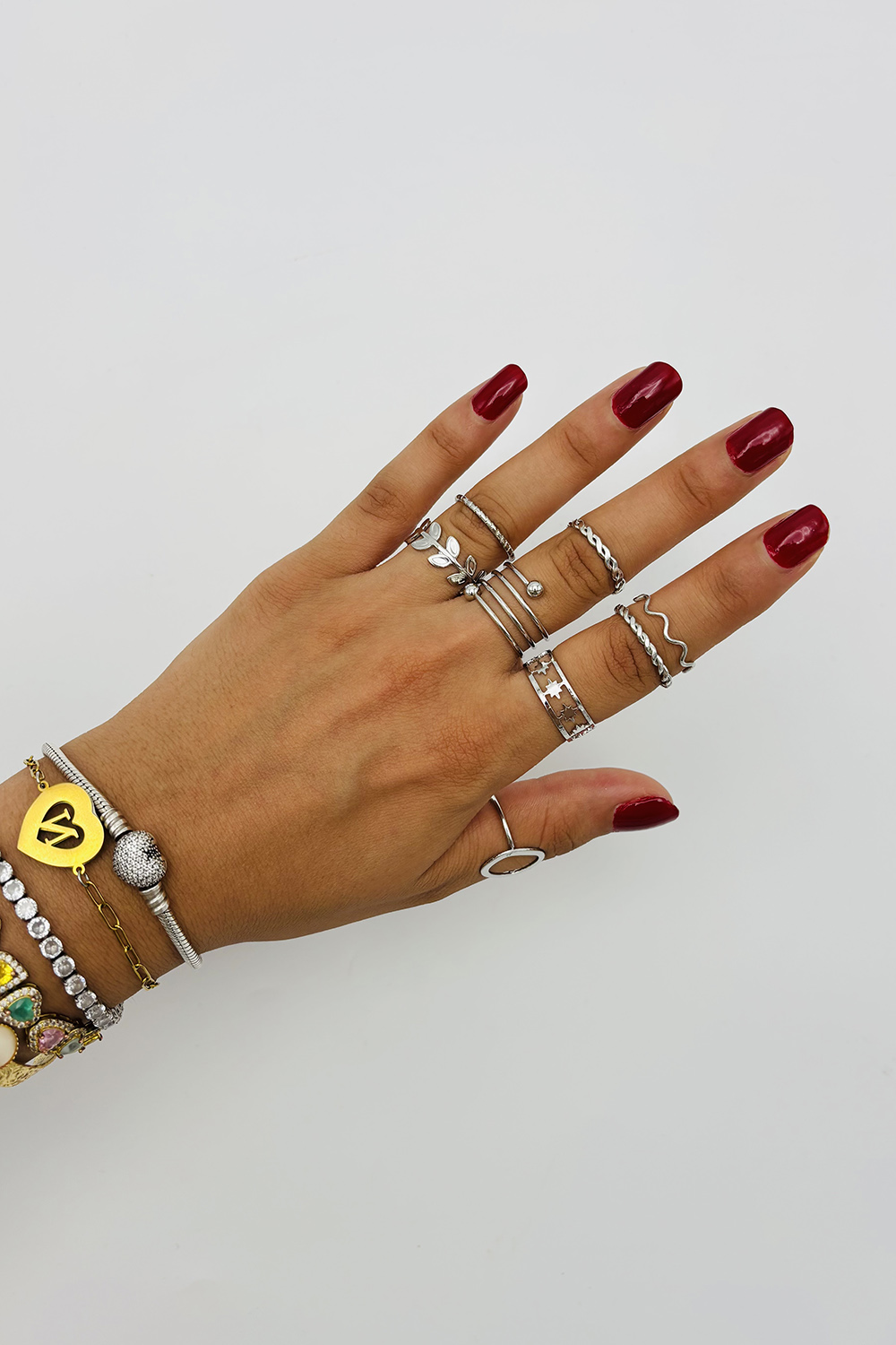 Lamelif Gümüş 8li Kombin Yaprak Yüzük Seti