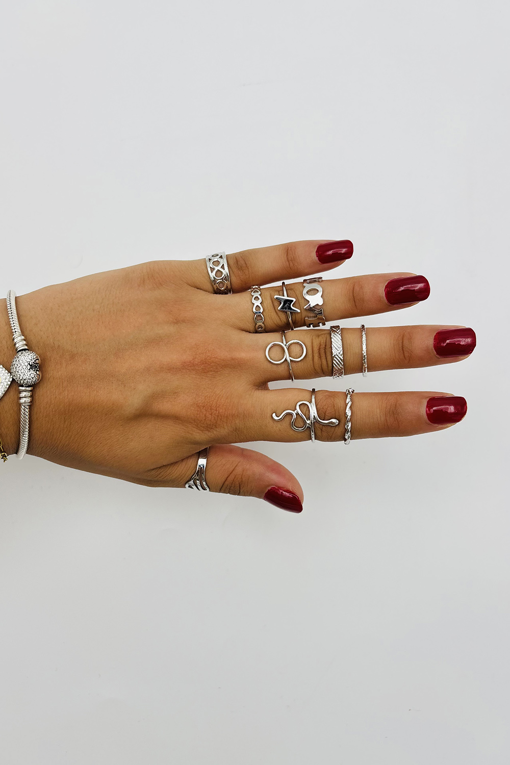 Lamelif Gümüş 9lu Kombin Yılan Yüzük Seti