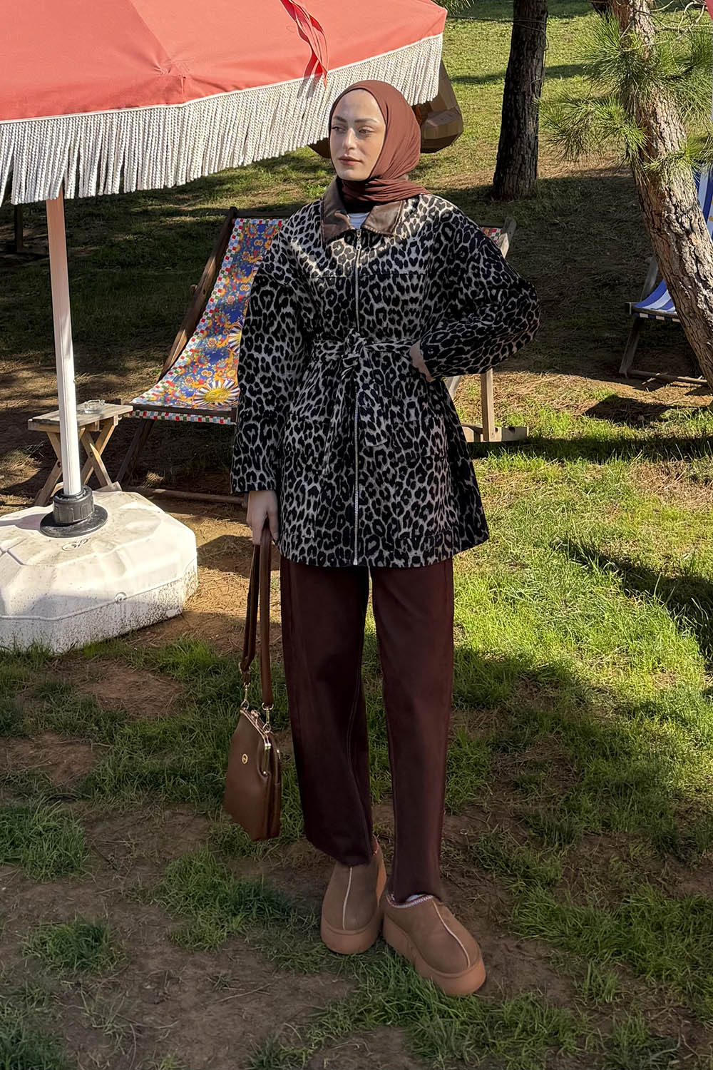 Lamelif Leopar Desen Kot Mont  Acı Kahve