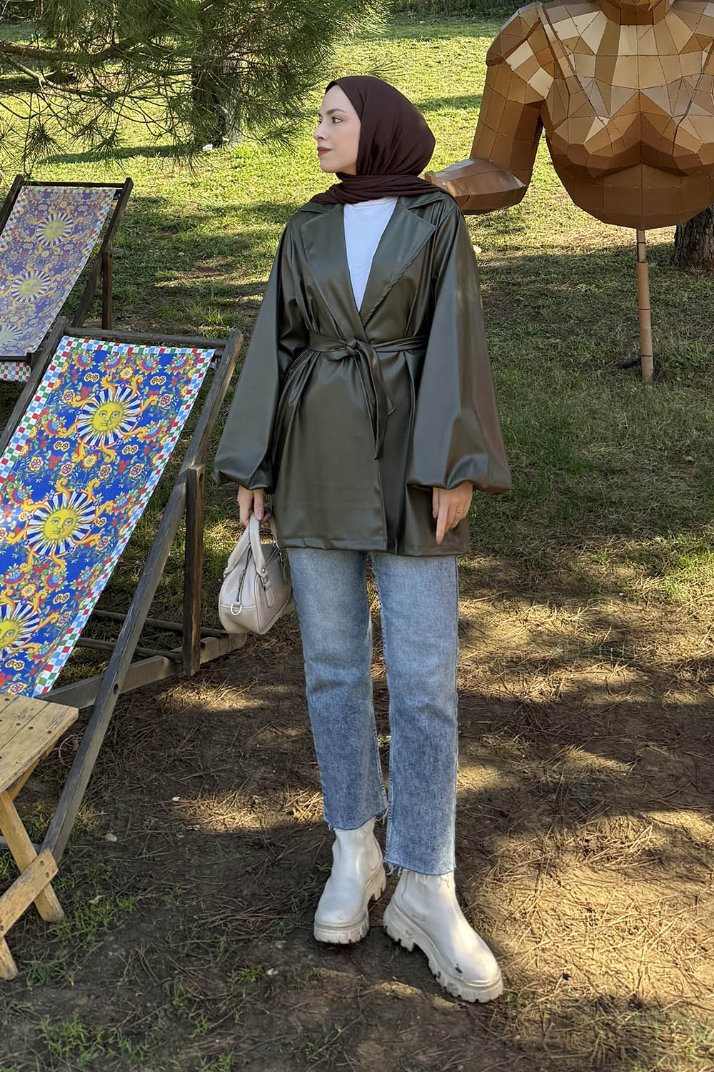 Lamelif Bağlama Detaylı Deri Mont Haki