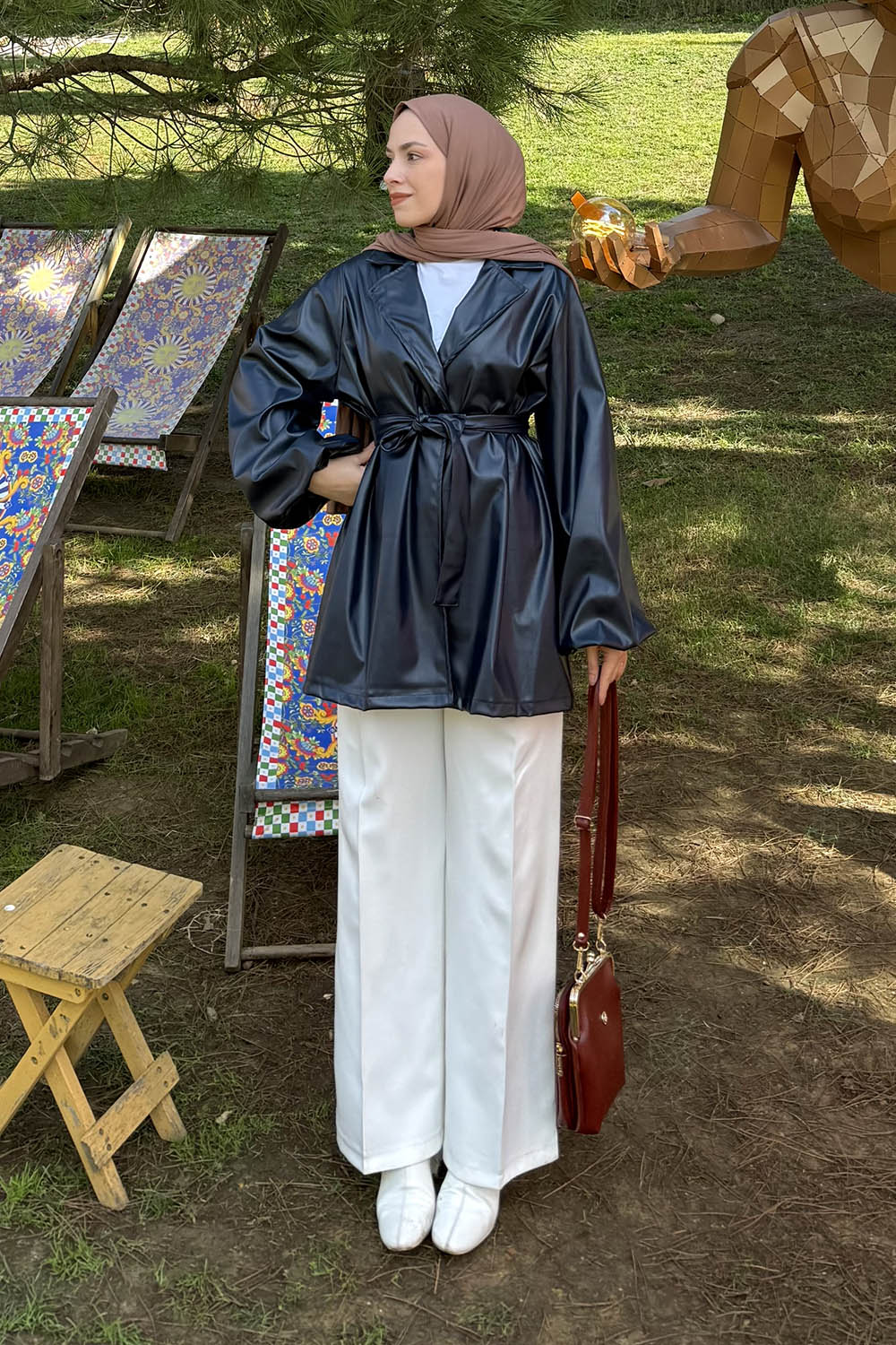 Lamelif Bağlama Detaylı Deri Mont Lacivert