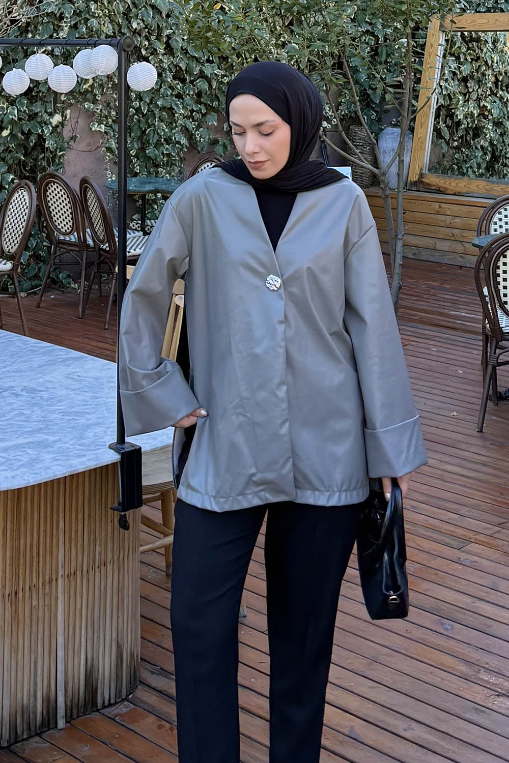 Lamelif Düğme Detaylı Deri Ceket Gri