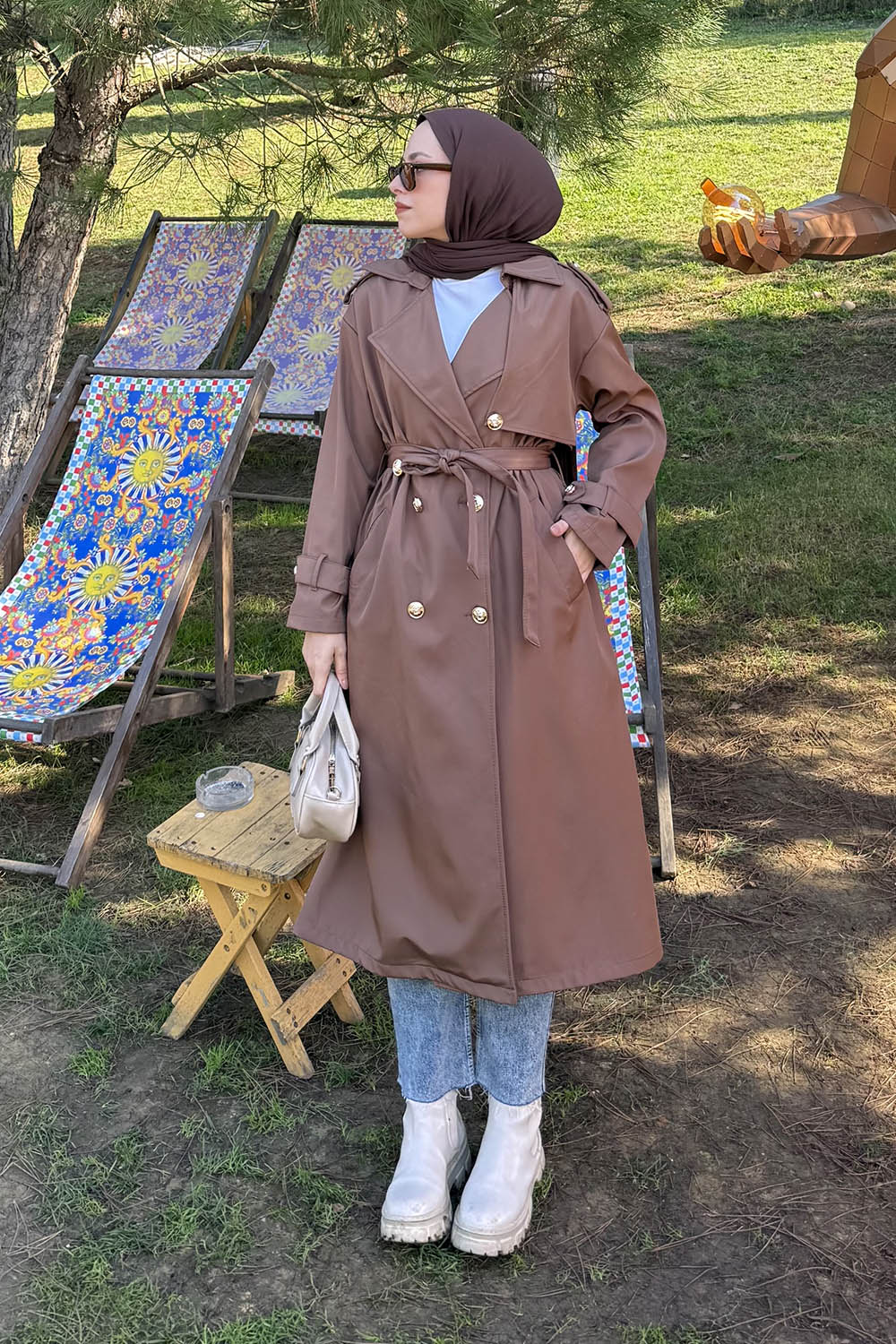 Lamelif Düğme Detaylı Trençkot Kahverengi