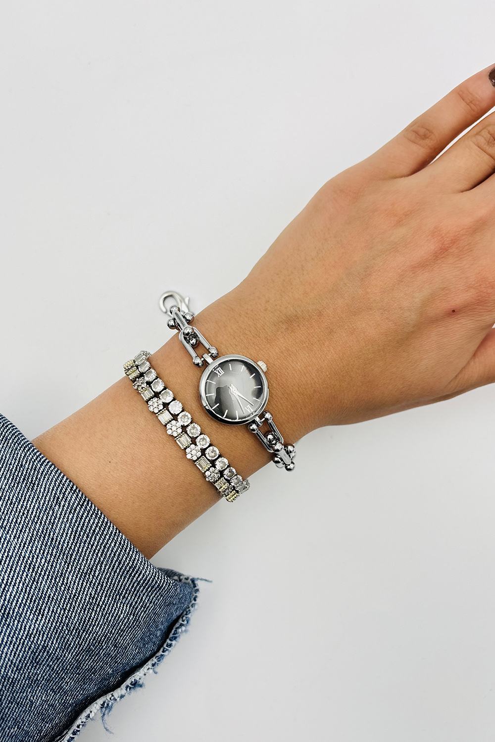 Lamelif Gümüş Siyah Ekartman Tiffany Kordon Kol Saati