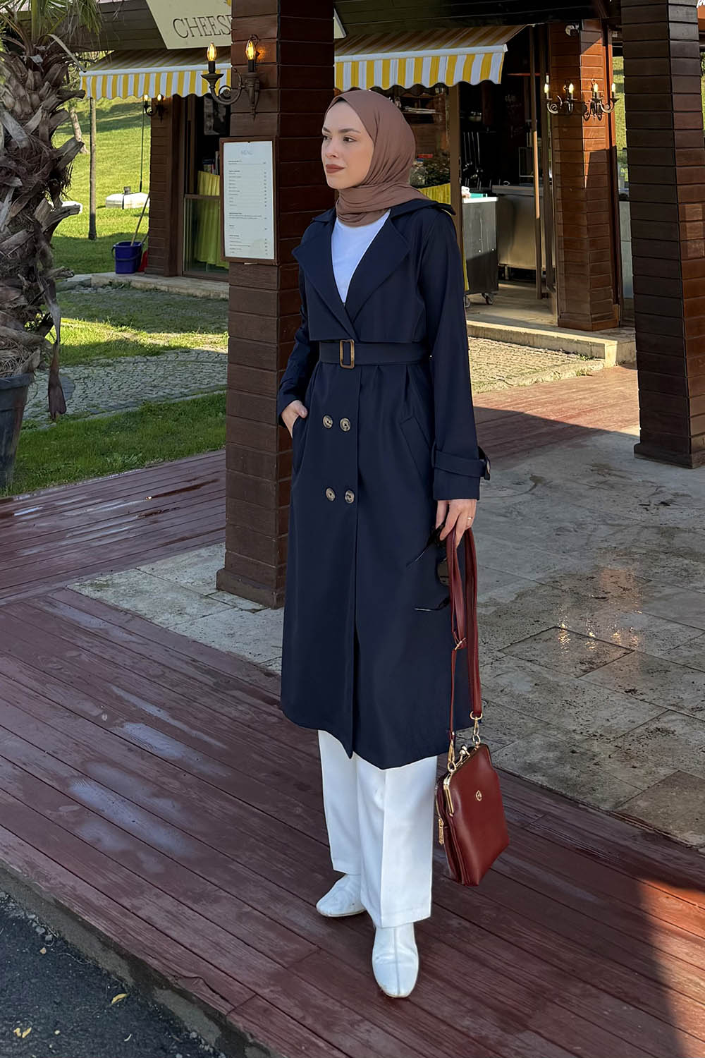 Lamelif Kuşaklı Omuz Apoletli Trençkot Lacivert