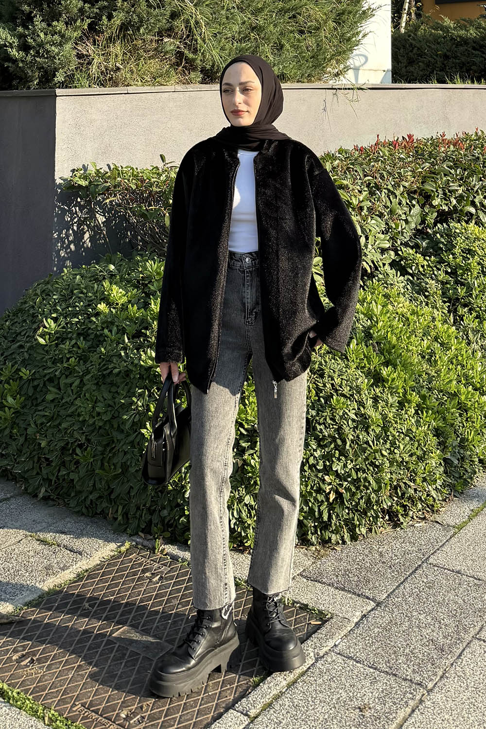 Lamelif Fermuarlı Kaban Siyah