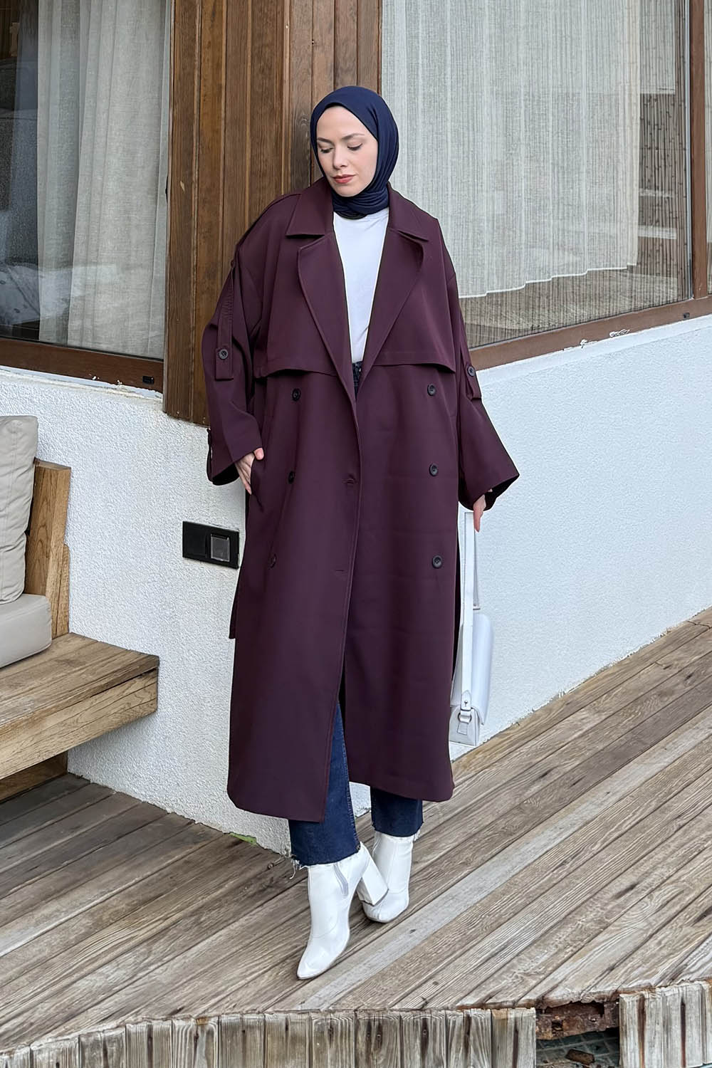 Lamelif Kuşaklı Poliviskon Trenç Bordo