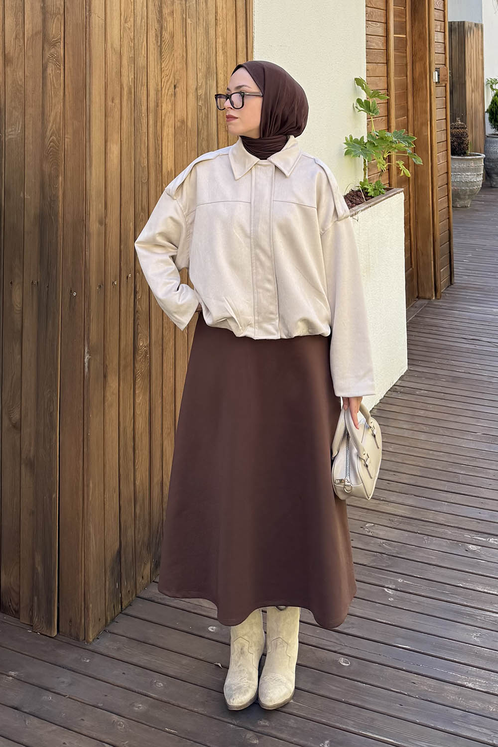 Lamelif Omuz Apoletli Süet Mont Krem