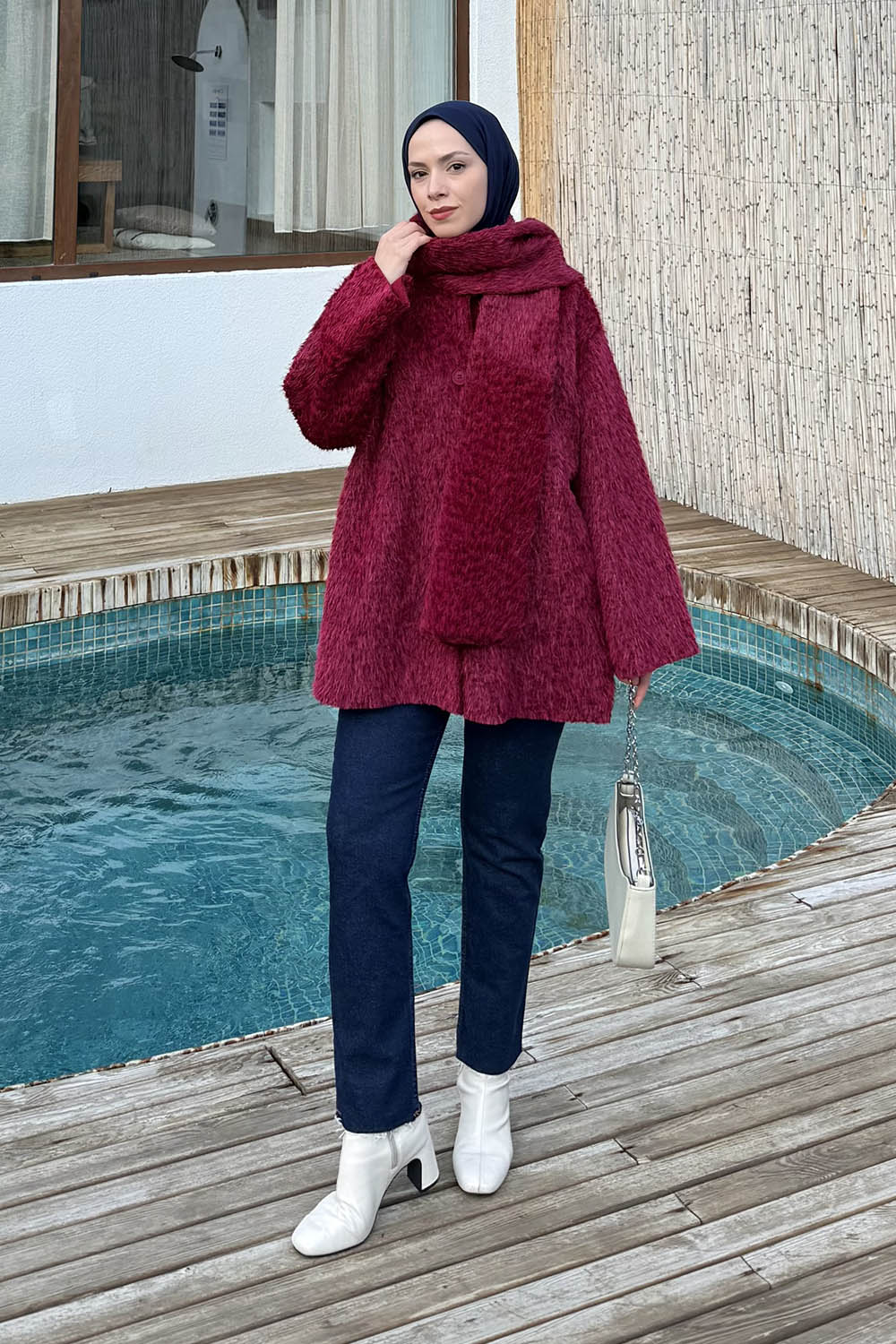 Lamelif Peluş Atkılı Mont Bordo