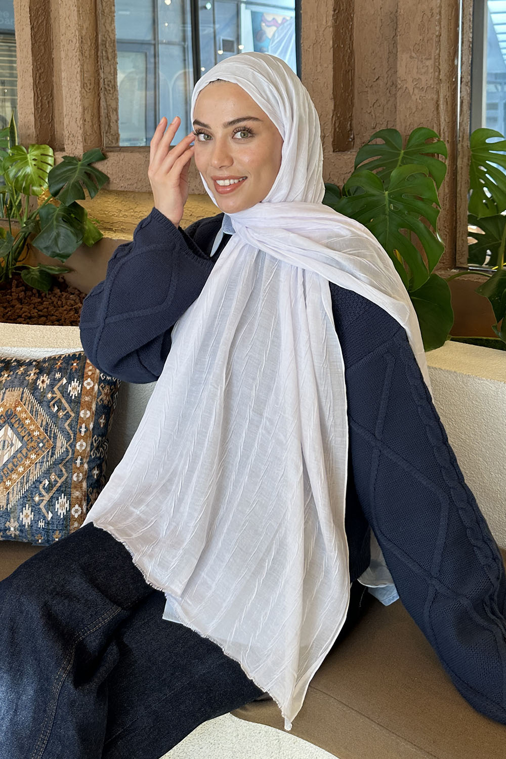 Lamelif piliseli Bambu Şal Beyaz