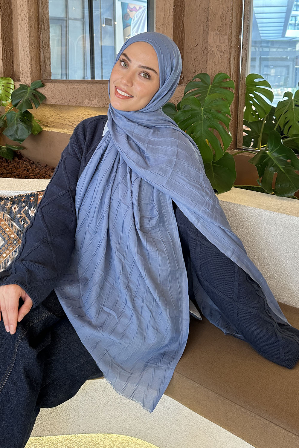 Lamelif piliseli Bambu Şal Kot Mavisi